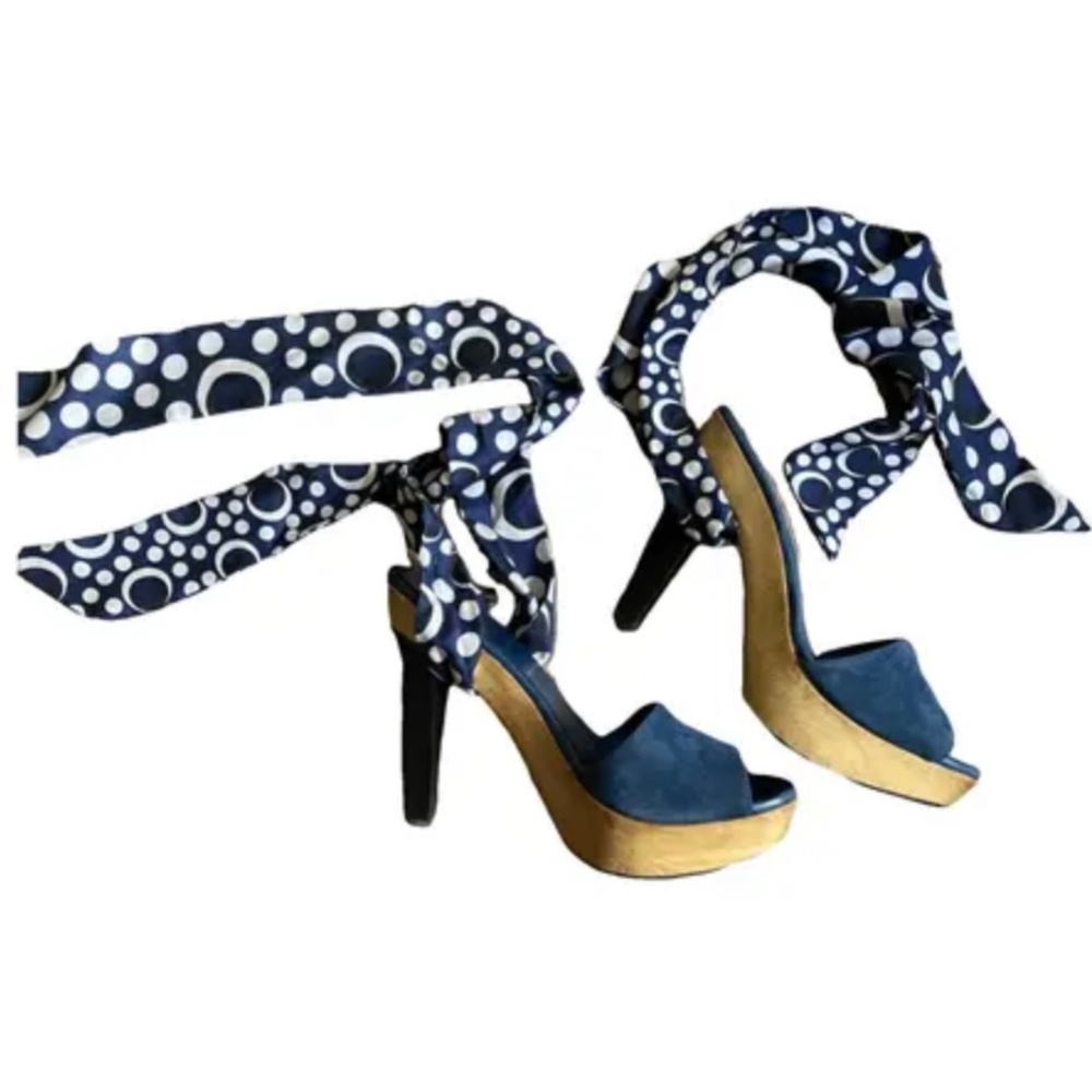DVF Diane Von Furstenberg Wood Platform Silk Ribbon Tie Heels Shoes size 7.5 - 8